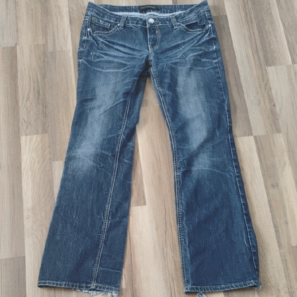 Dark Blue Flare Jeans - Women's Wide Leg Denim - Picture 3 of 7
